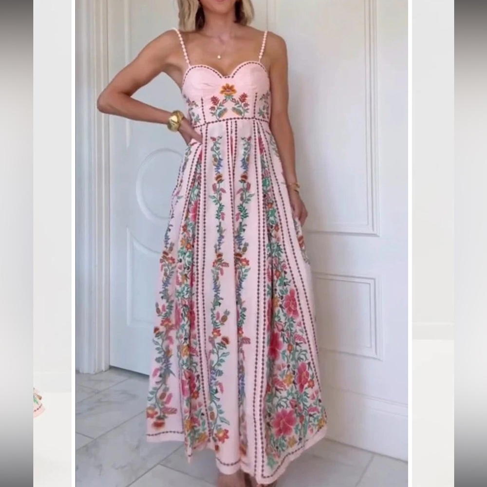 Floral Embroider print Pink Maxi Dress